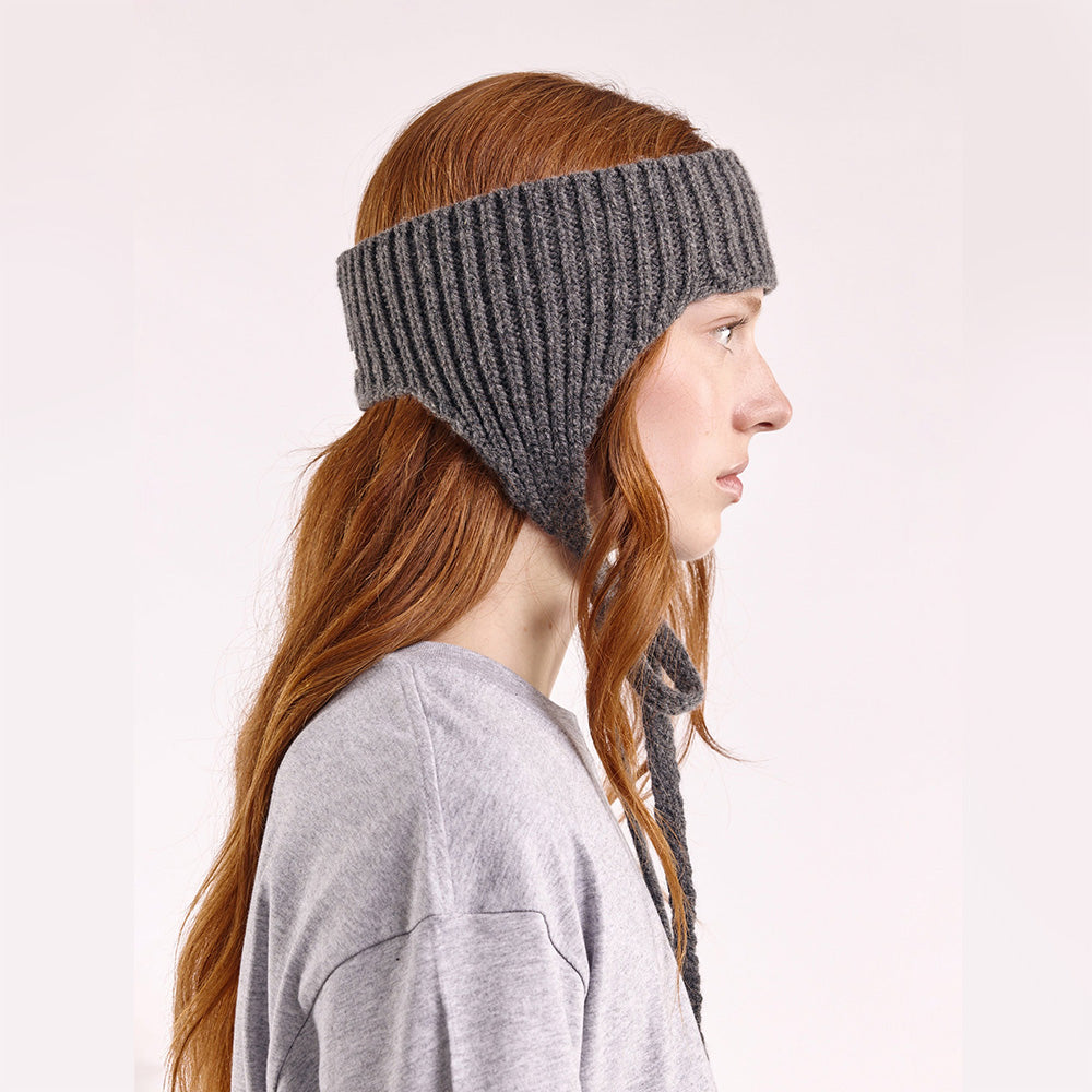 Wool Ear Warmer Headband with Ties – Dark Grey