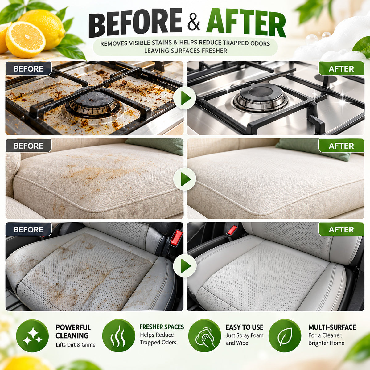 Heavy-Duty Multi-Purpose Foam Cleaner – No-Rinse Stain Remover and Degreaser