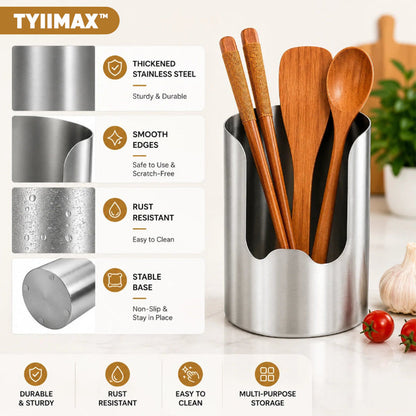 TYIIMAX™ Thickened Stainless Steel Utensil Holder – Rust-Resistant Kitchen Countertop Organizer for Spoons, Spatulas, Chopsticks & Multi-Purpose Storage