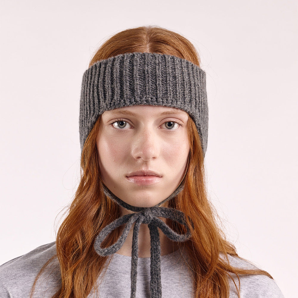 Wool Ear Warmer Headband with Ties – Dark Grey