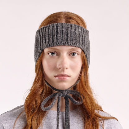 Wool Ear Warmer Headband with Ties – Dark Grey