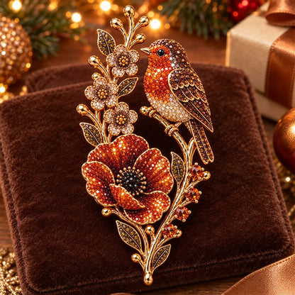 🐦🌸Robin & Poppy Crystal‑Encrusted Vintage Brooch 🐦🌸