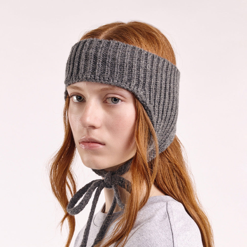 Wool Ear Warmer Headband with Ties – Dark Grey