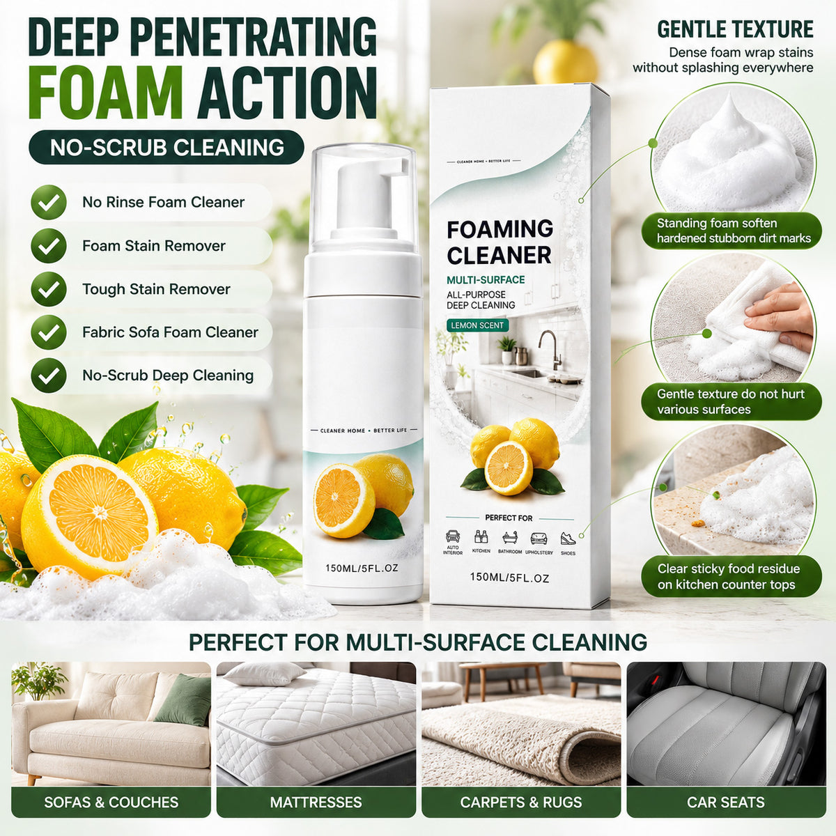 Heavy-Duty Multi-Purpose Foam Cleaner – No-Rinse Stain Remover and Degreaser