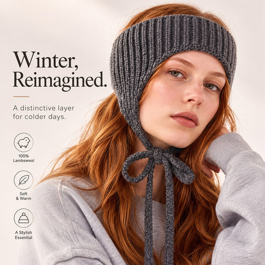 Wool Ear Warmer Headband with Ties – Dark Grey