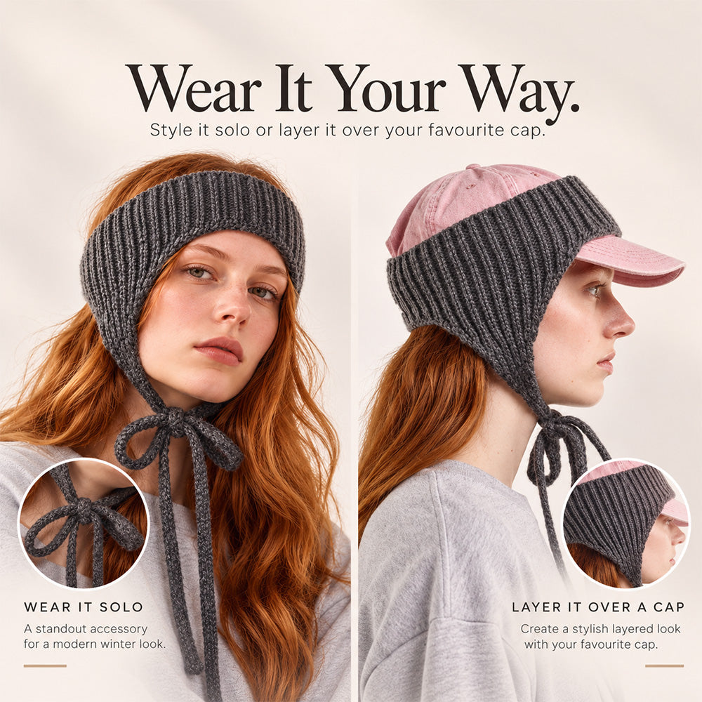 Wool Ear Warmer Headband with Ties – Dark Grey