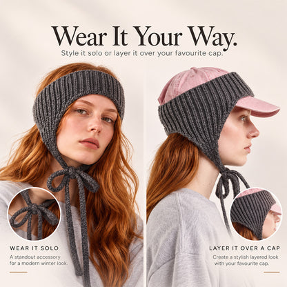 Wool Ear Warmer Headband with Ties – Dark Grey