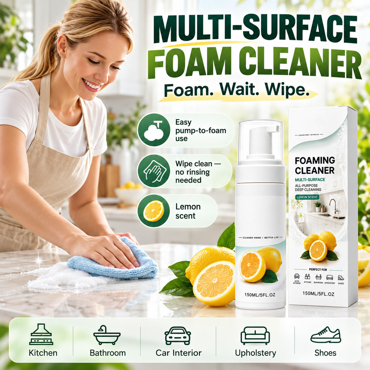 Heavy-Duty Multi-Purpose Foam Cleaner – No-Rinse Stain Remover and Degreaser