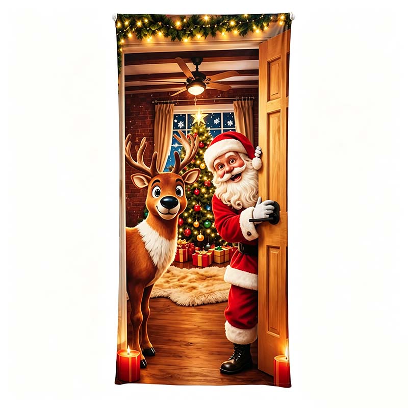 Santa Christmas Door Cover with Elastic Edges | Reusable Holiday Decor