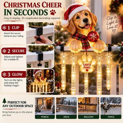 🐾 Santa Paws Porch Christmas Decoration – Lighted Dog Railing Decoration 🎄✨