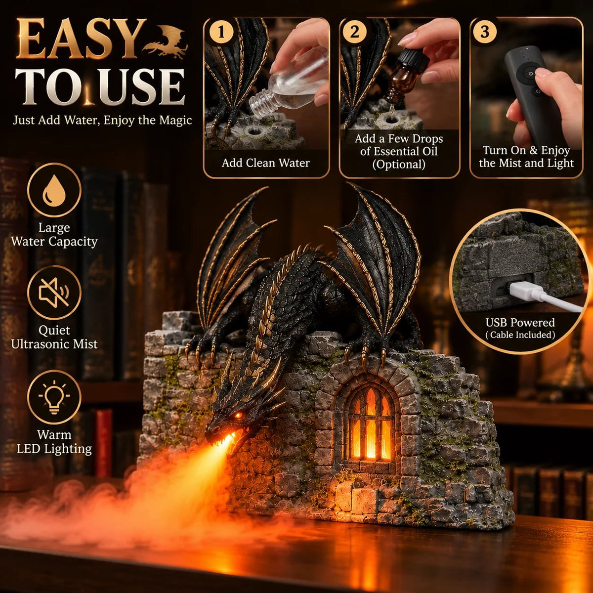 🐉 Dragon Humidifier with Flame Effect – Fantasy Magic for Your Reading Nook