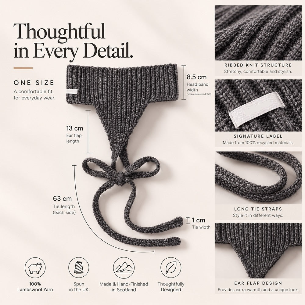 Wool Ear Warmer Headband with Ties – Dark Grey