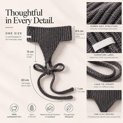Wool Ear Warmer Headband with Ties – Dark Grey