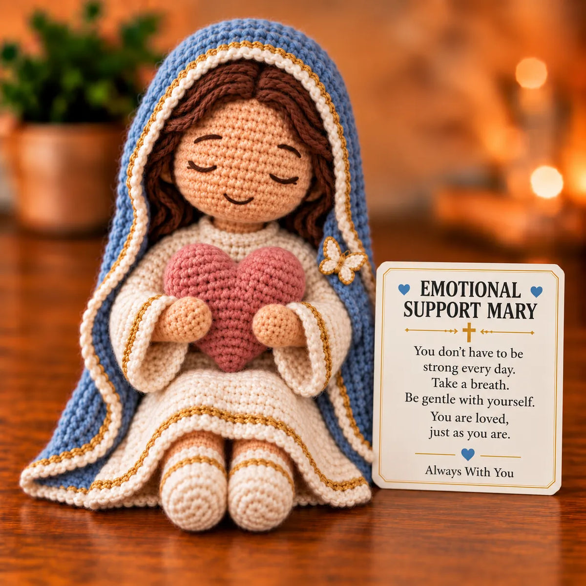 💙Always With You Mary Comfort Doll | Handmade Crochet Companion Holding A Heart with Encouragement Card ✨