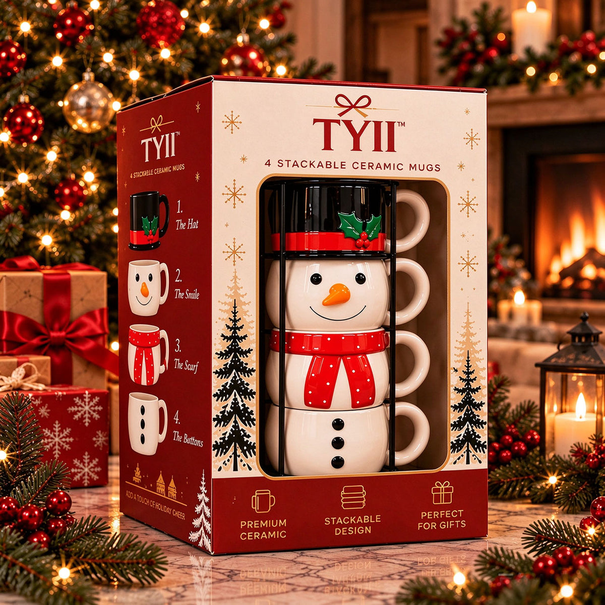 TYII™ Christmas Stackable Ceramic Mugs – Festive Holiday Drinkware & Gift Set
