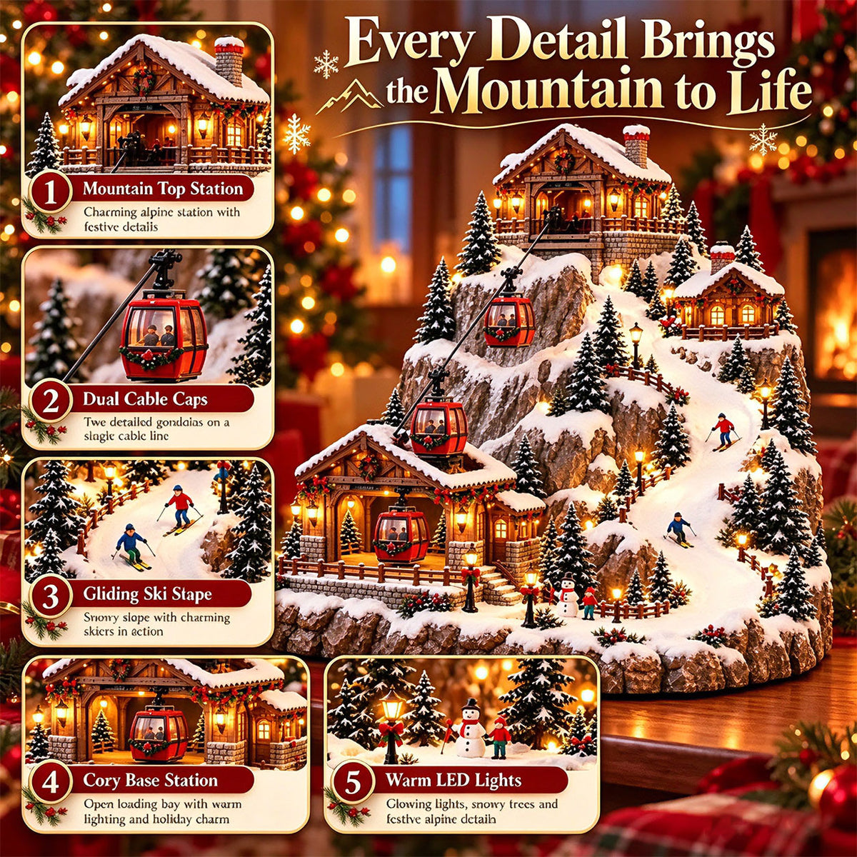 Animated Christmas Mountain Cable Car & Ski Village Scene ✨