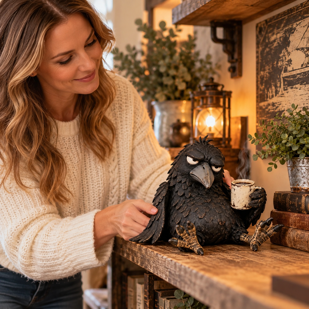 ☕😂 Grumpy Coffee Raven Figurine — Funny Morning Decor for Coffee Lovers