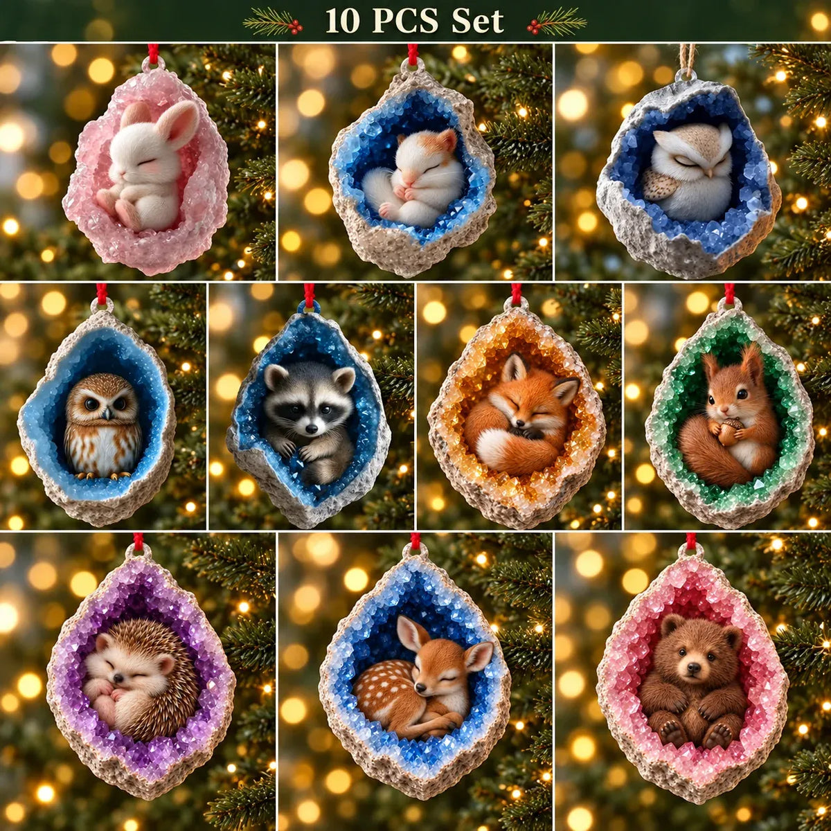 🎄 Woodland Geode Animal Ornaments – Tiny Christmas Friends Hidden in Crystal Magic