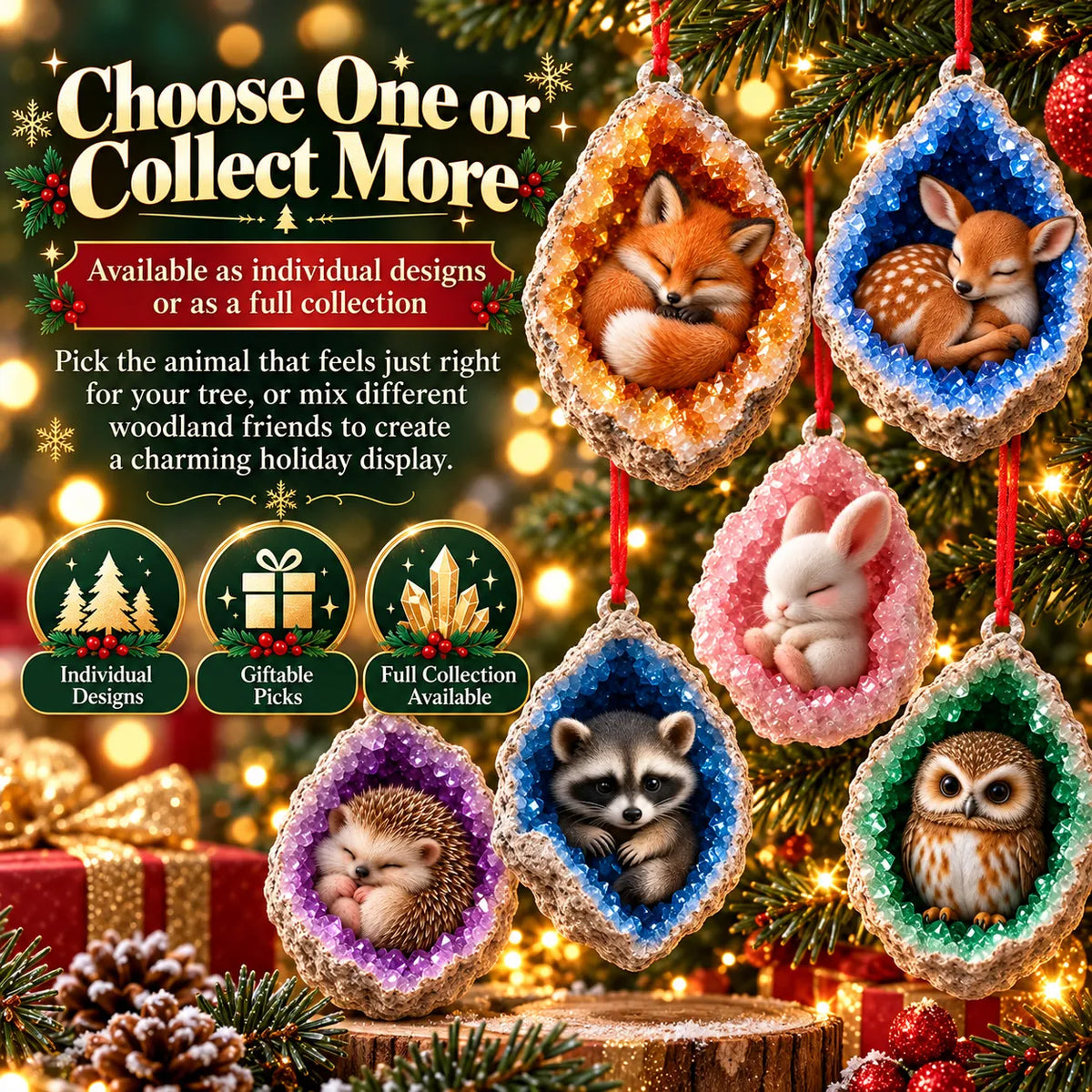 🎄 Woodland Geode Animal Ornaments – Tiny Christmas Friends Hidden in Crystal Magic