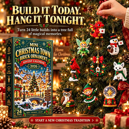 🎄 Mini Christmas Town Brick Ornament Advent Calendar | 24 unique festive buildable town‑themed designs with hanging loops—perfect for decorating Christmas trees, wreaths, and holiday displays 🧱