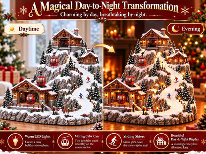 Animated Christmas Mountain Cable Car & Ski Village Scene ✨
