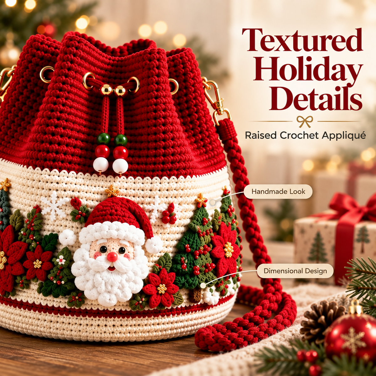 🎄Christmas Crochet Bucket Bag ✨ Festive Crossbody Holiday Purse