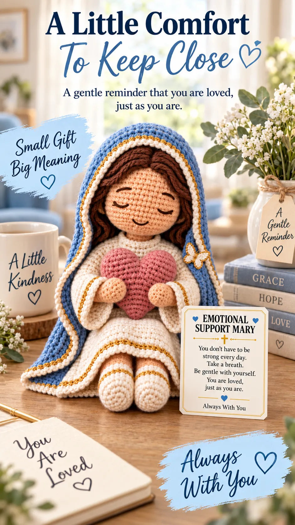 💙Always With You Mary Comfort Doll | Handmade Crochet Companion Holding A Heart with Encouragement Card ✨