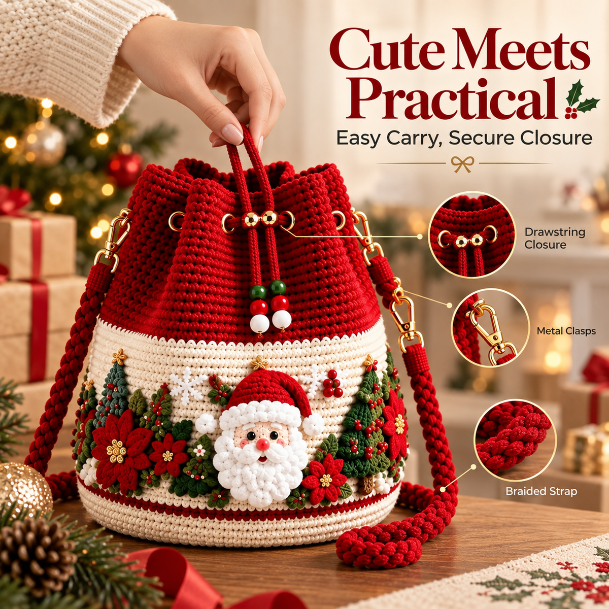 🎄Christmas Crochet Bucket Bag ✨ Festive Crossbody Holiday Purse