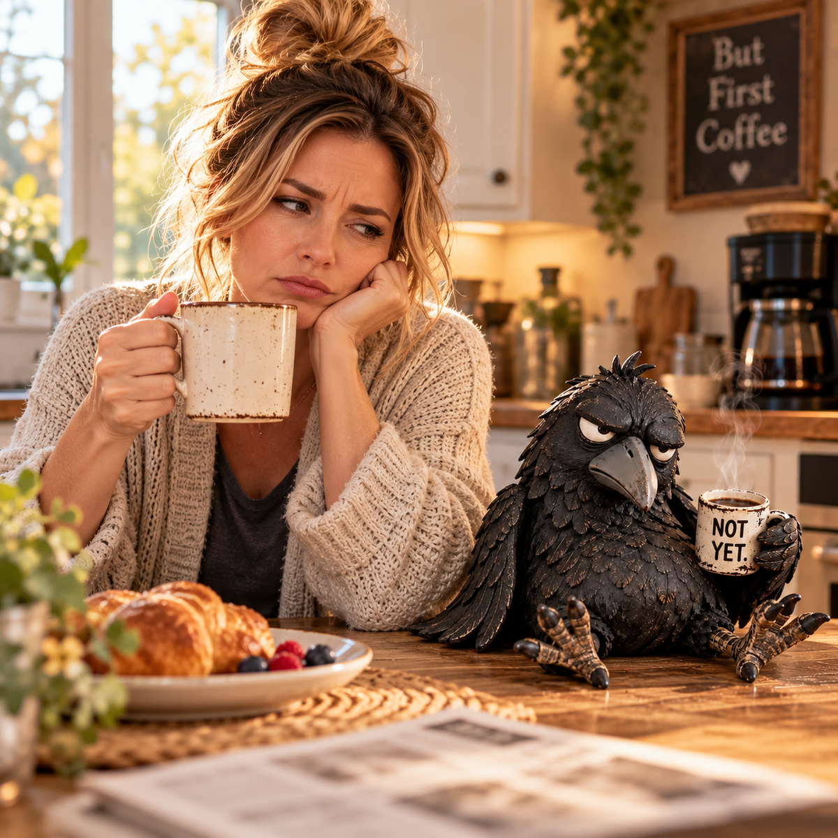 ☕😂 Grumpy Coffee Raven Figurine — Funny Morning Decor for Coffee Lovers