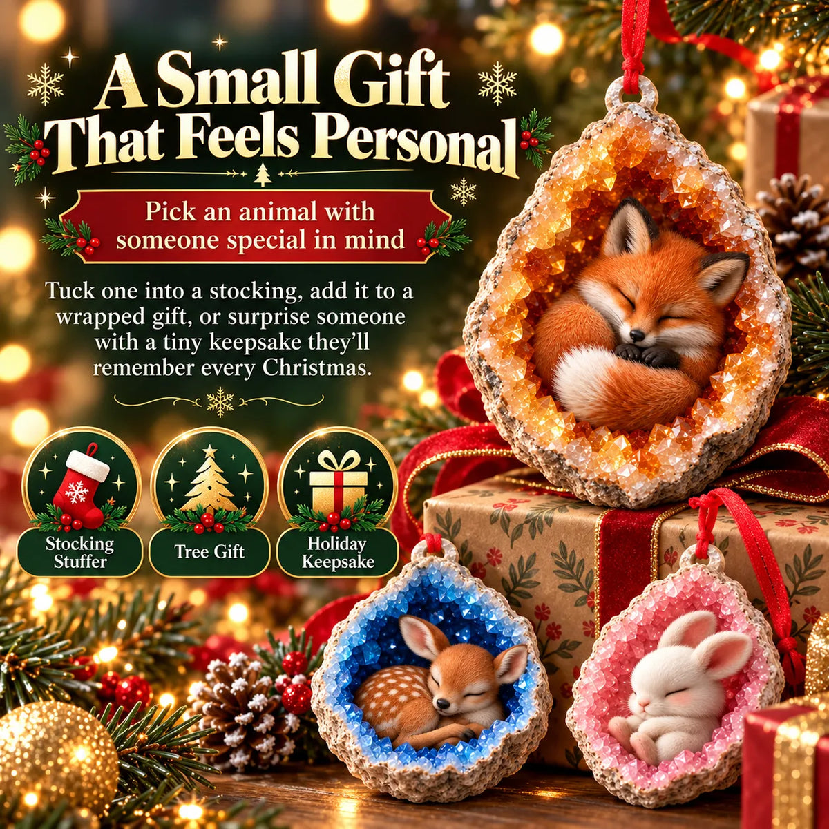 🎄 Woodland Geode Animal Ornaments – Tiny Christmas Friends Hidden in Crystal Magic