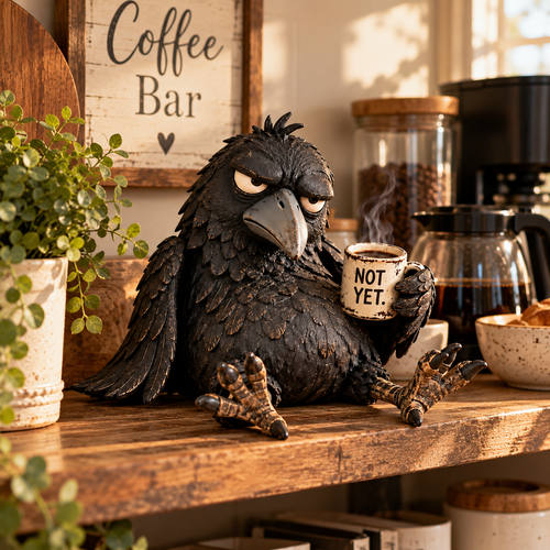 ☕😂 Grumpy Coffee Raven Figurine — Funny Morning Decor for Coffee Lovers