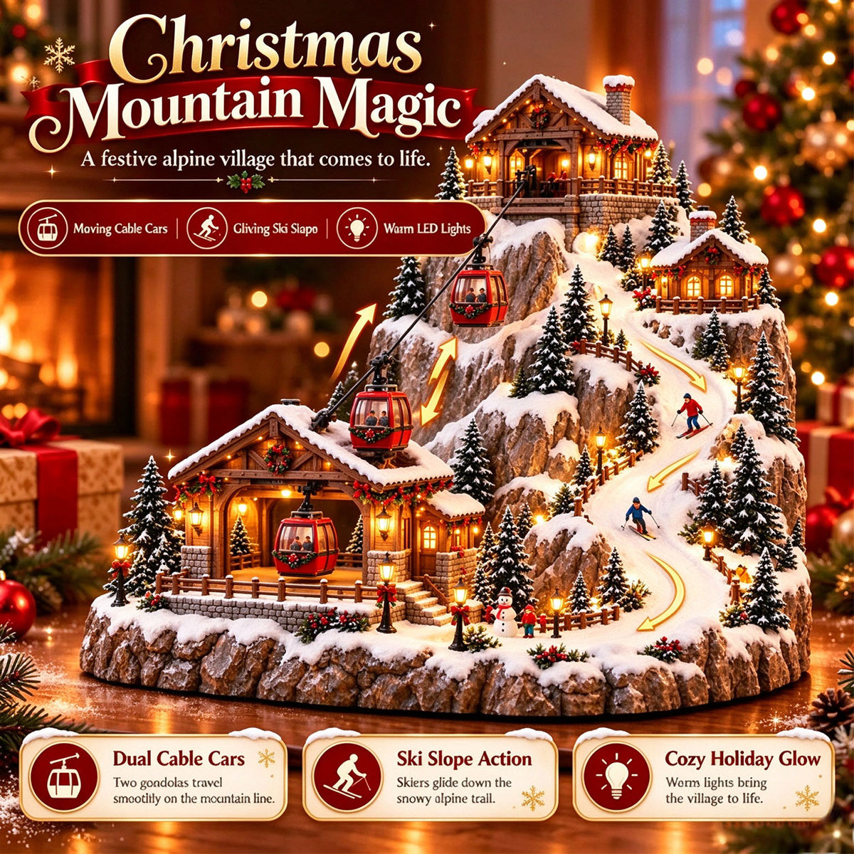 Animated Christmas Mountain Cable Car & Ski Village Scene ✨