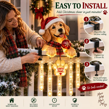🐾 Santa Paws Porch Christmas Decoration – Lighted Dog Railing Decoration 🎄✨