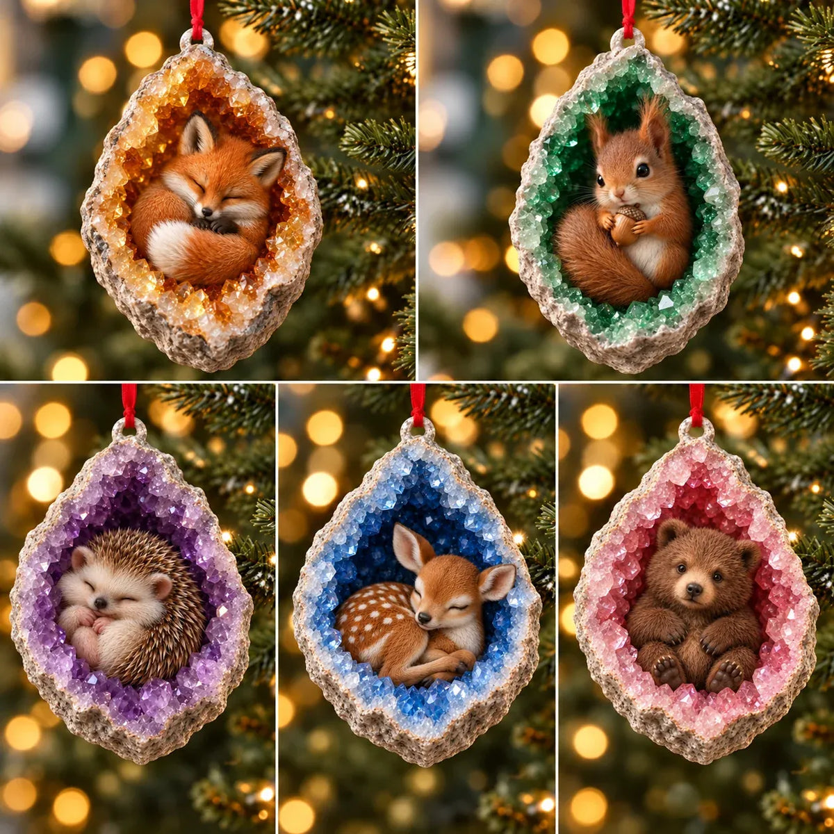 🎄 Woodland Geode Animal Ornaments – Tiny Christmas Friends Hidden in Crystal Magic