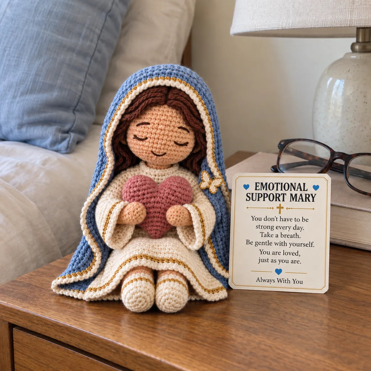 💙Always With You Mary Comfort Doll | Handmade Crochet Companion Holding A Heart with Encouragement Card ✨