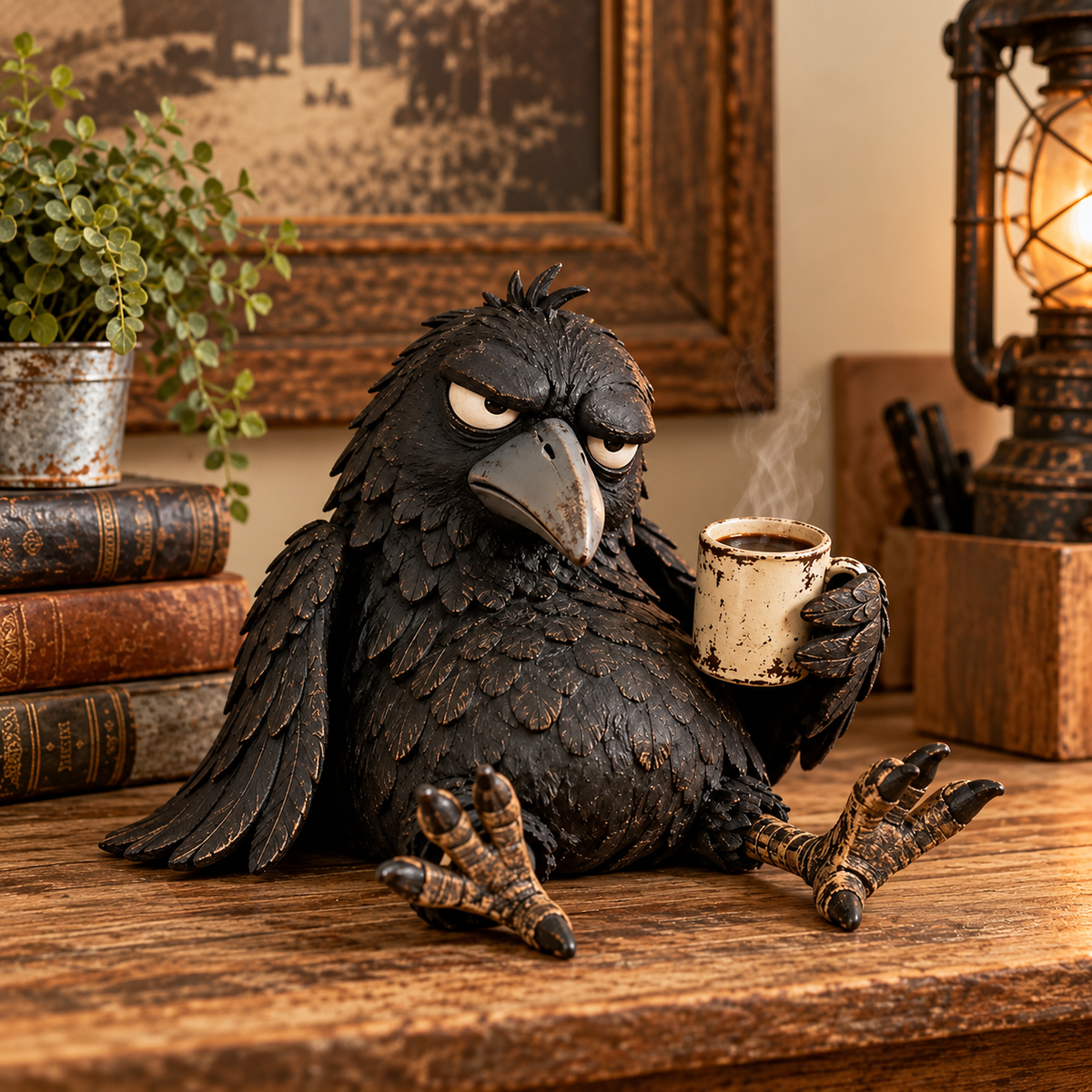 ☕😂 Grumpy Coffee Raven Figurine — Funny Morning Decor for Coffee Lovers