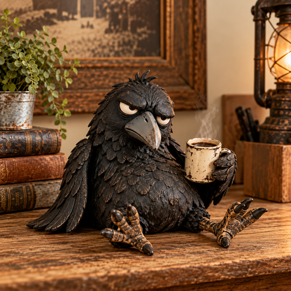 ☕😂 Grumpy Coffee Raven Figurine — Funny Morning Decor for Coffee Lovers