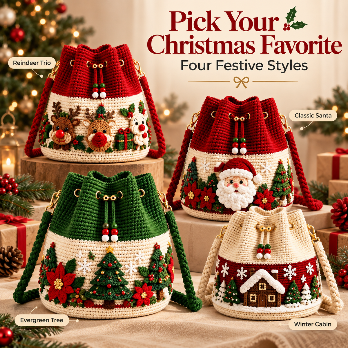 🎄Christmas Crochet Bucket Bag ✨ Festive Crossbody Holiday Purse