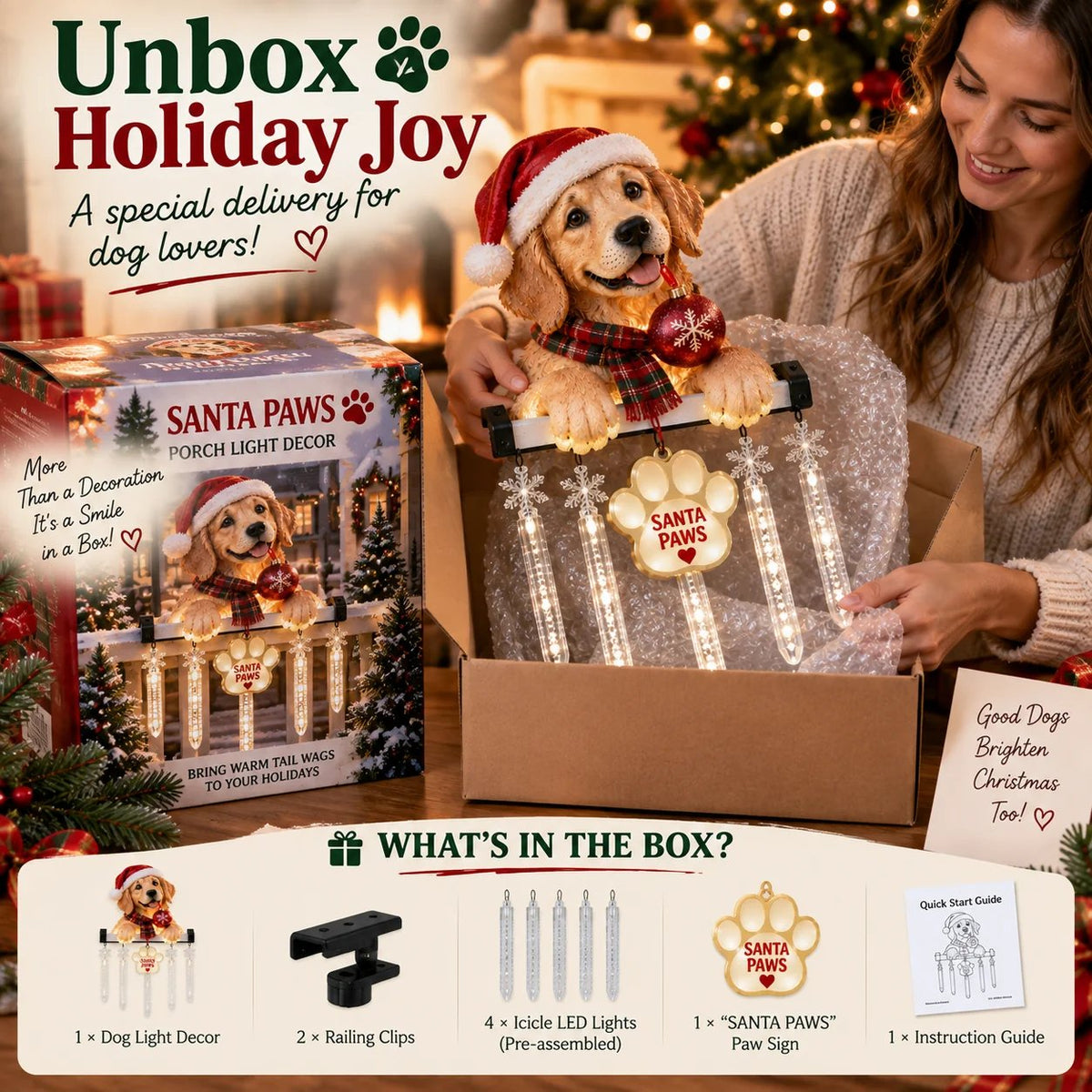 🐾 Santa Paws Porch Christmas Decoration – Lighted Dog Railing Decoration 🎄✨