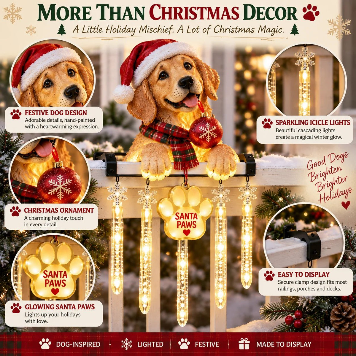 🐾 Santa Paws Porch Christmas Decoration – Lighted Dog Railing Decoration 🎄✨
