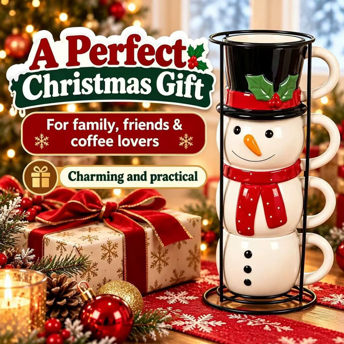TYII™ Christmas Stackable Ceramic Mugs – Festive Holiday Drinkware & Gift Set