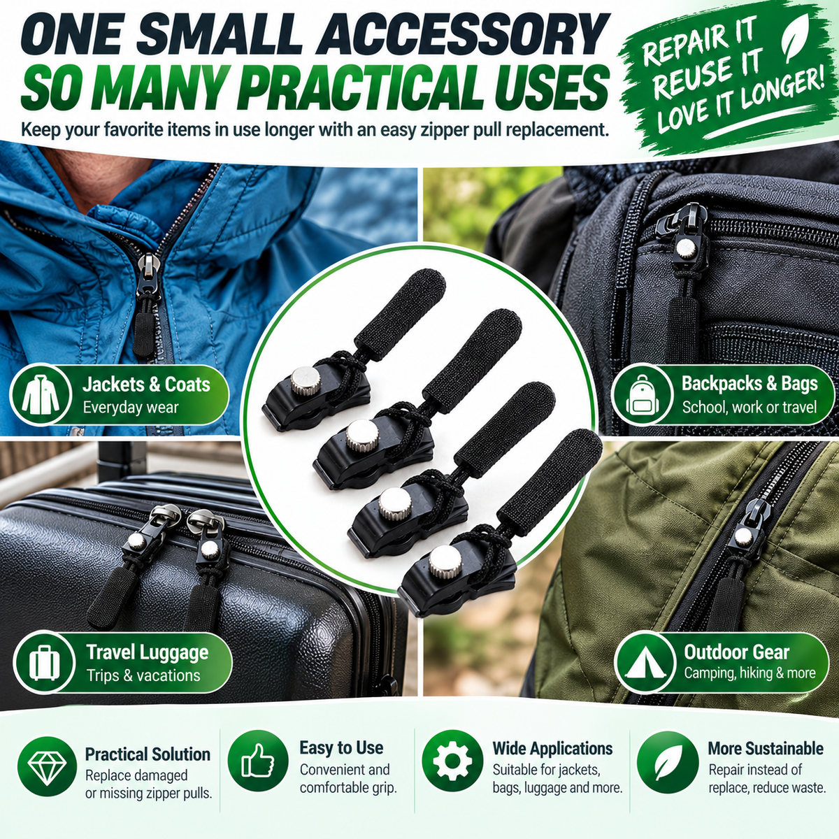 🔧 Zipper Pull Replacement Kit – Fix Broken Zipper Tabs in Minutes ✨