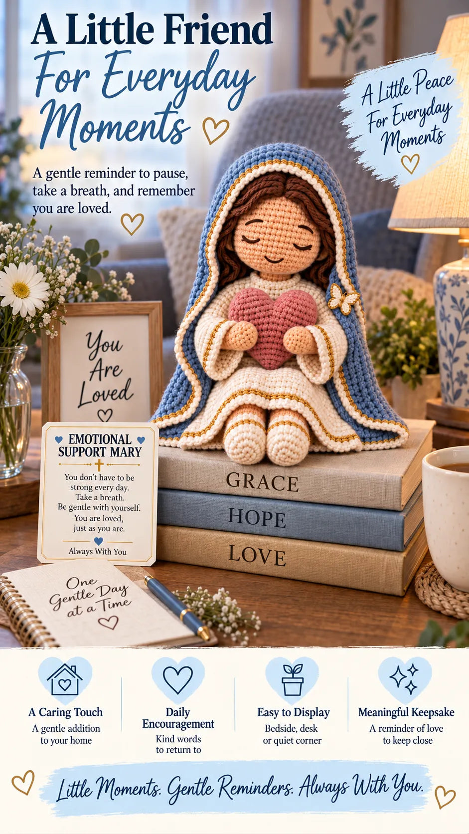 💙Always With You Mary Comfort Doll | Handmade Crochet Companion Holding A Heart with Encouragement Card ✨