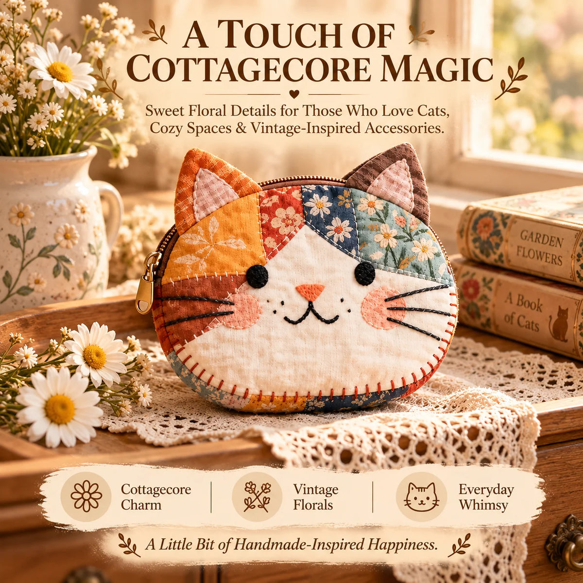 🐱Cute Patchwork Cat Coin Purse, Handmade Fabric Kitten Mini Pouch, Portable Card Holder for Girls