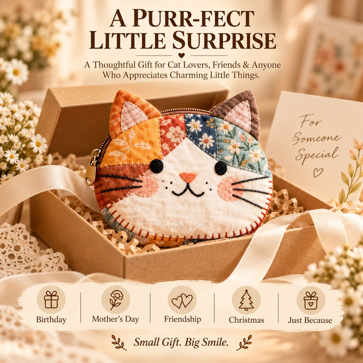🐱Cute Patchwork Cat Coin Purse, Handmade Fabric Kitten Mini Pouch, Portable Card Holder for Girls