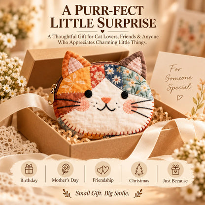🐱Cute Patchwork Cat Coin Purse, Handmade Fabric Kitten Mini Pouch, Portable Card Holder for Girls
