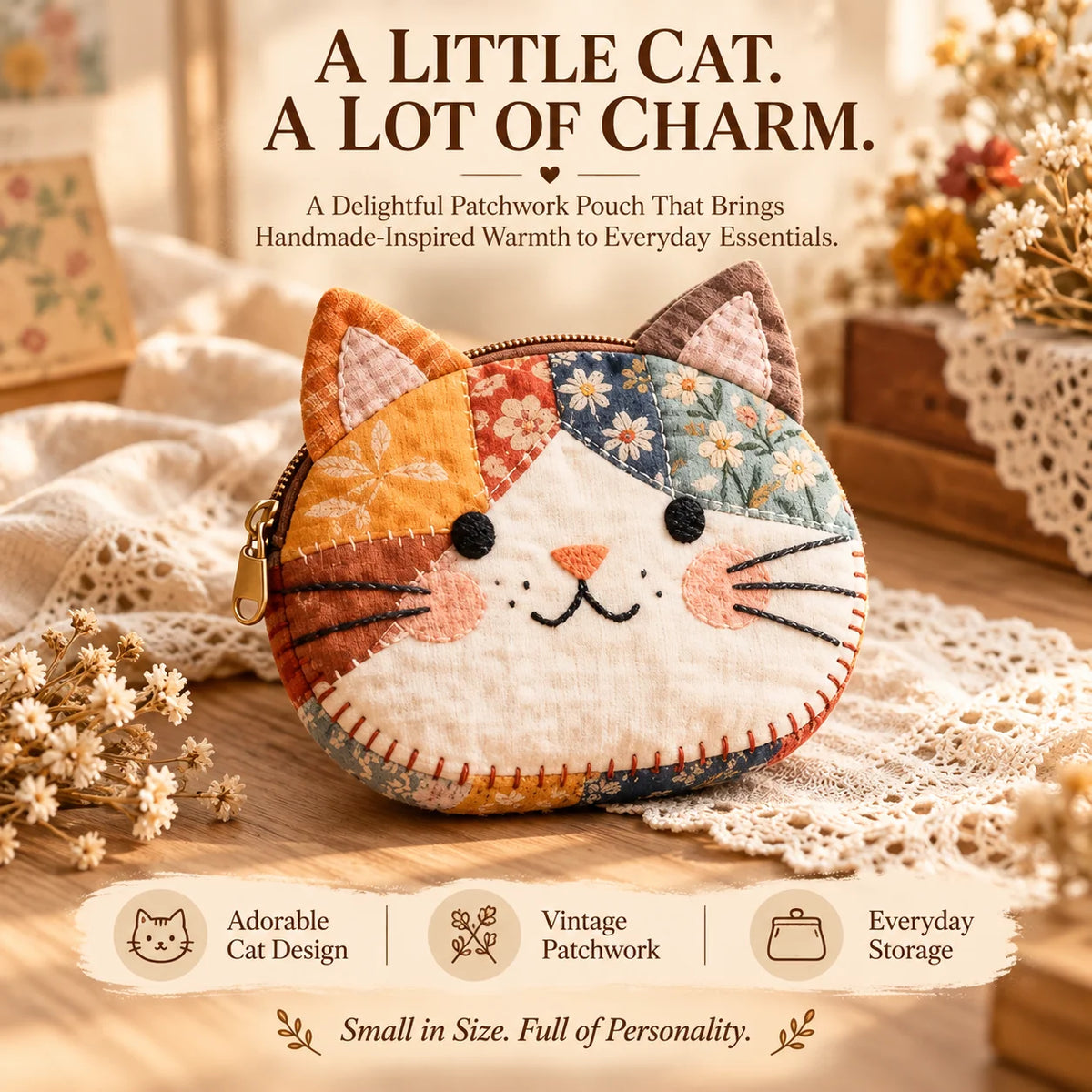 🐱Cute Patchwork Cat Coin Purse, Handmade Fabric Kitten Mini Pouch, Portable Card Holder for Girls