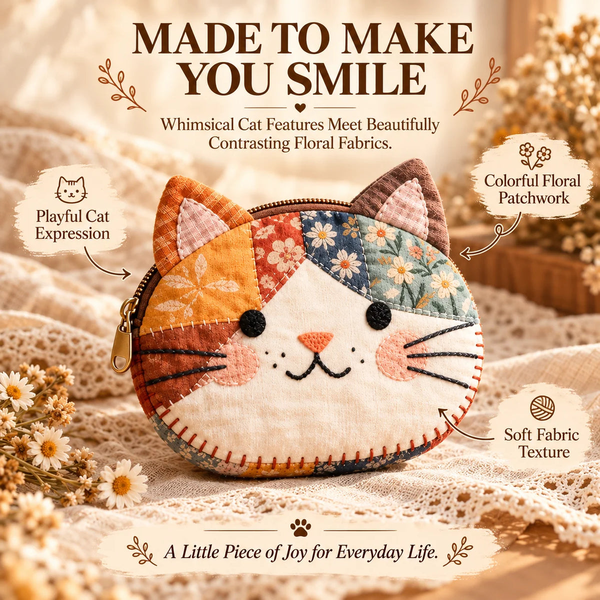 🐱Cute Patchwork Cat Coin Purse, Handmade Fabric Kitten Mini Pouch, Portable Card Holder for Girls