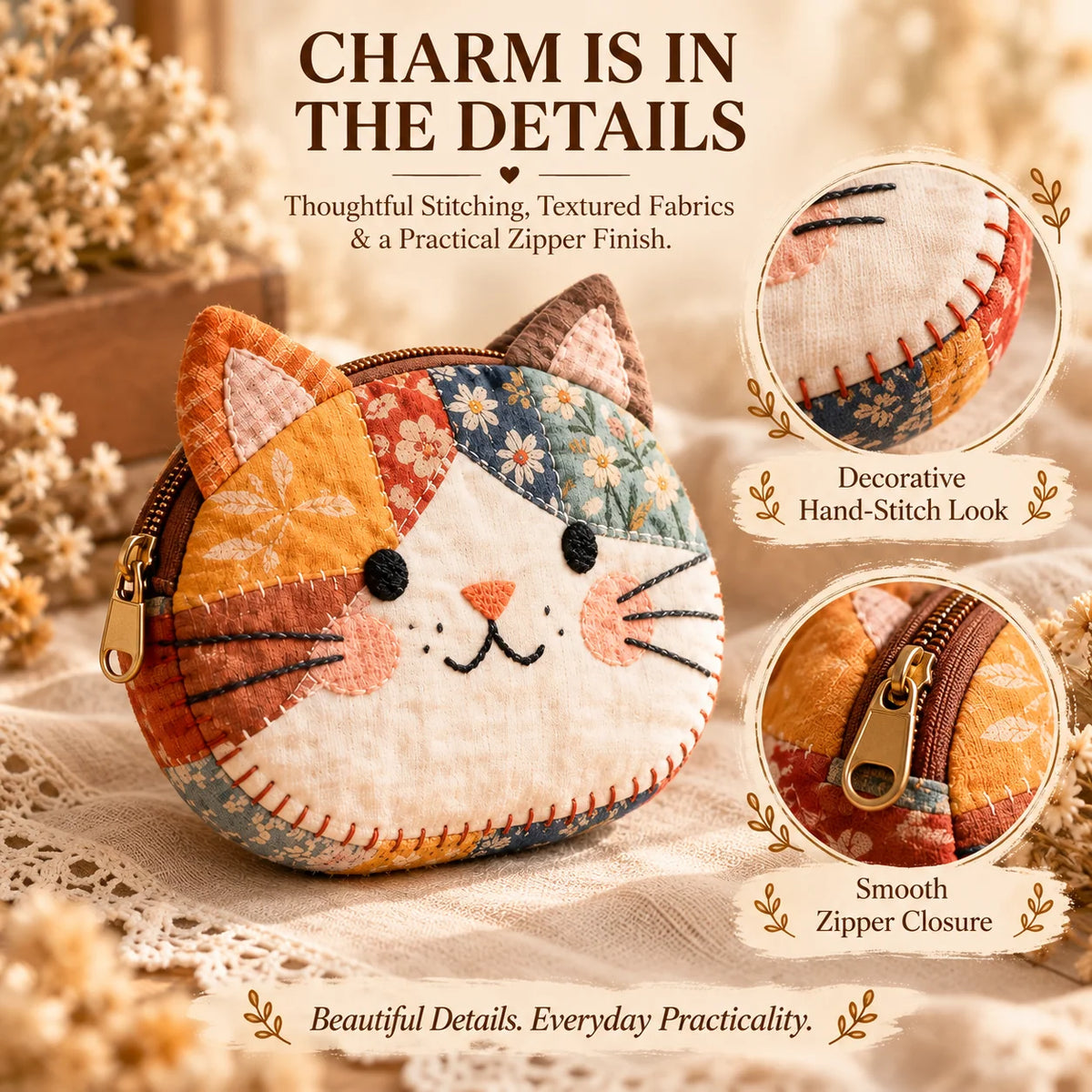 🐱Cute Patchwork Cat Coin Purse, Handmade Fabric Kitten Mini Pouch, Portable Card Holder for Girls