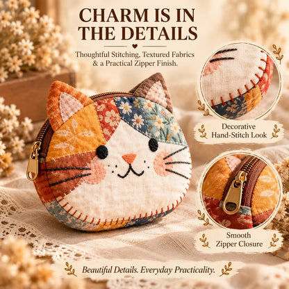 🐱Cute Patchwork Cat Coin Purse, Handmade Fabric Kitten Mini Pouch, Portable Card Holder for Girls